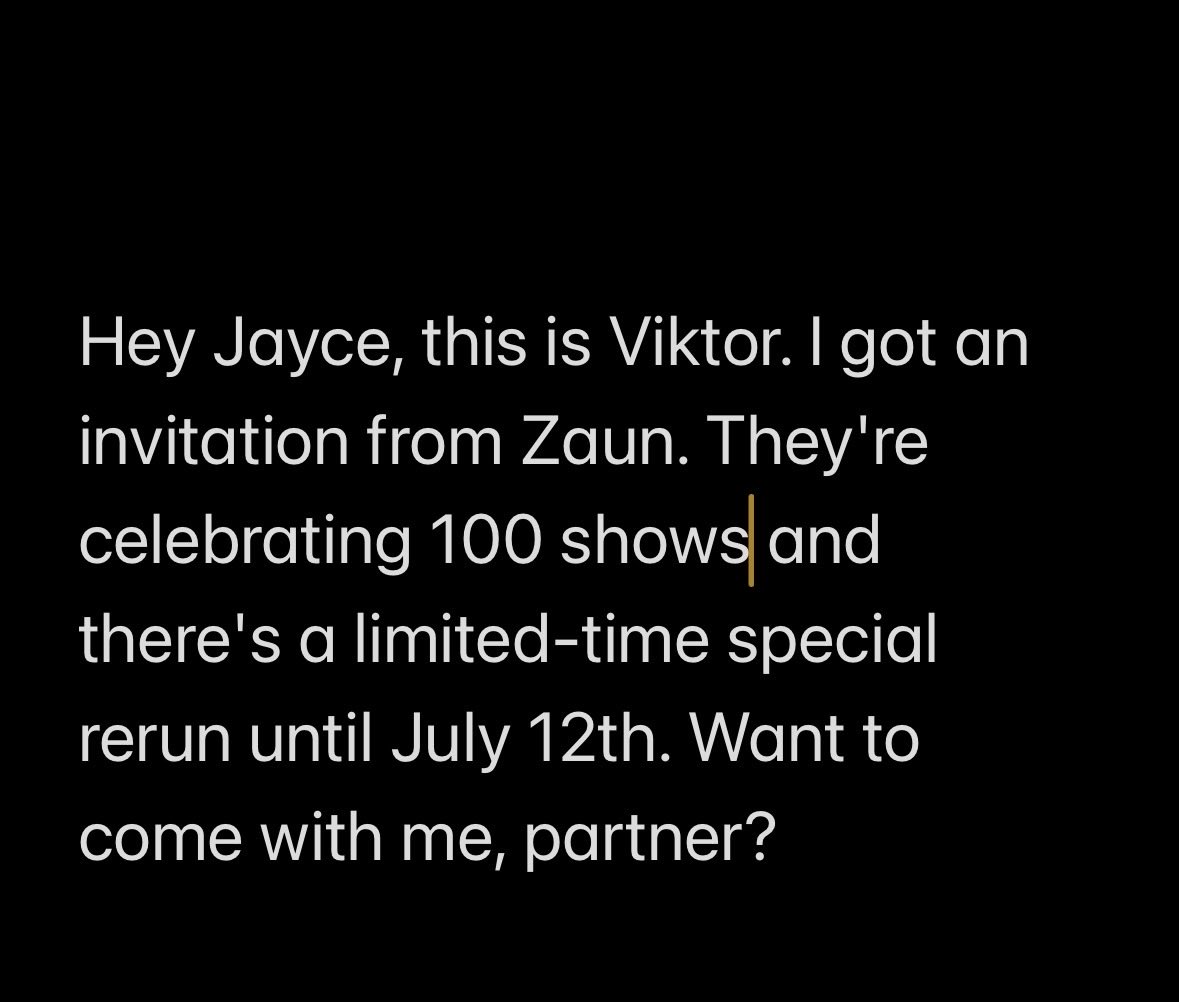 isjayvikcanon's tweet photo. Not yet, but the 100th performance of the Arcane immersive show in Shanghai has been promoted last week via a phone call from Viktor to Jayce, asking his partner out. The official account shared a moment where Jayce puts his coat on Viktor during this special show today. https://t.co/YHBlvPmkqZ