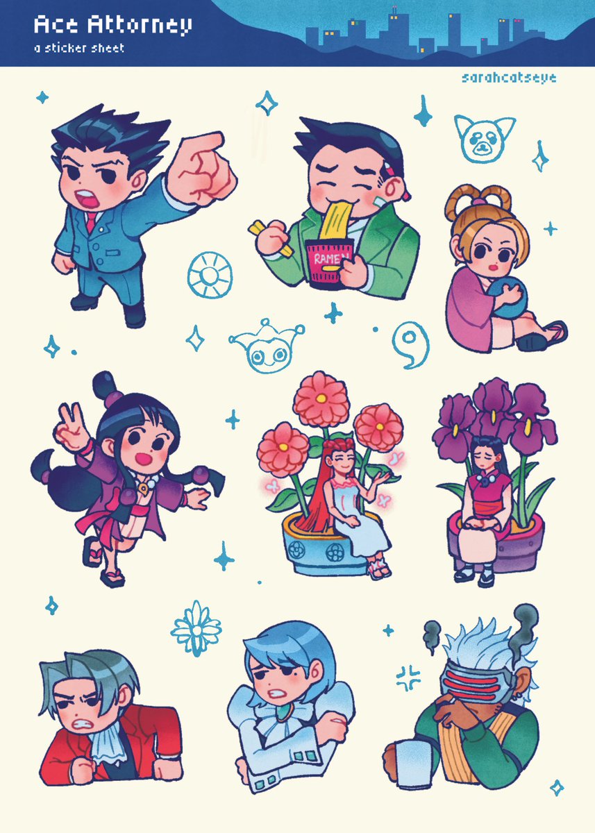 sarahcatseye's tweet photo. 💙SHOP OPEN 💙 

hiya, #tgaa and #aceattorney sticker sheets are now available along with some leftover prints! 

shop link and full catalog below ⬇️ https://t.co/gKc0MIbbQO