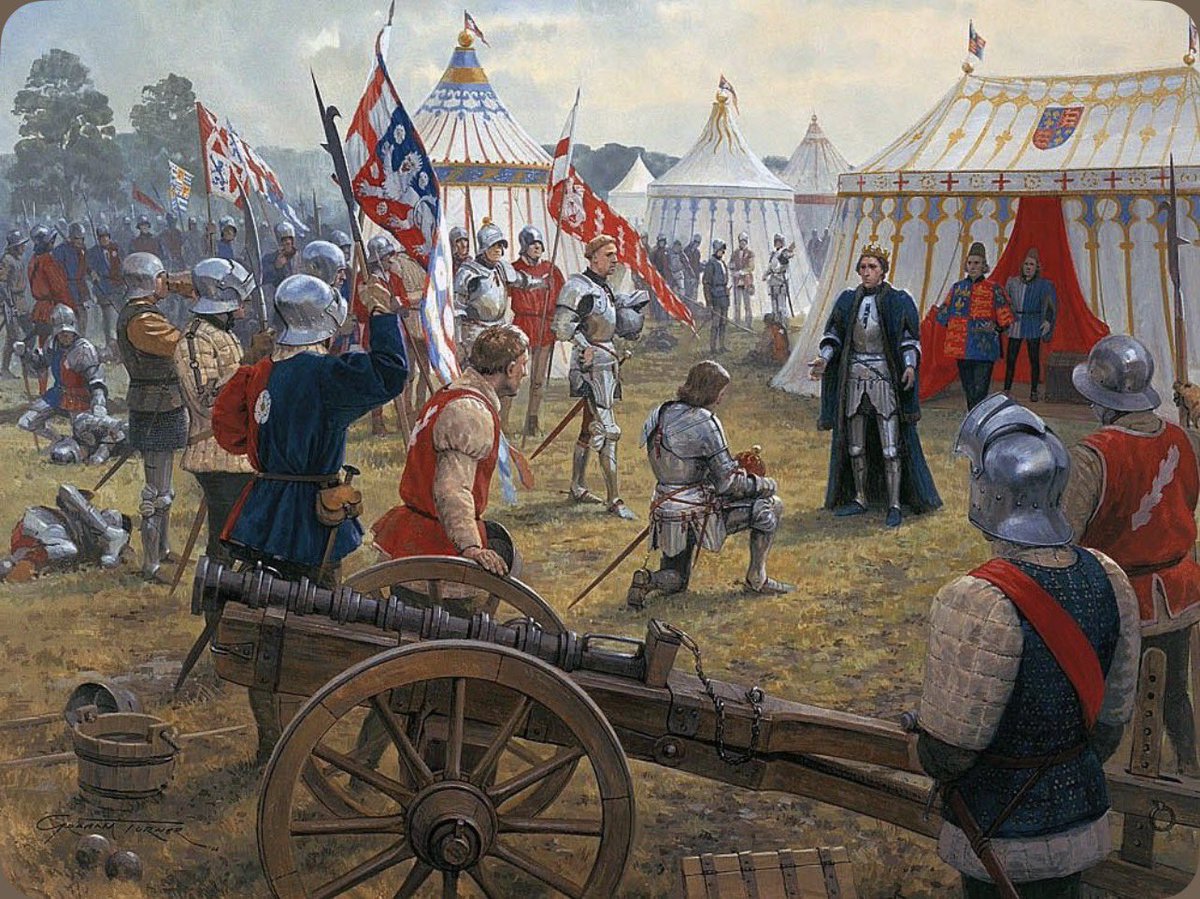 Argonaut1535's tweet photo. ๐ด๓ ง๓ ข๓ ฅ๓ ฎ๓ ง๓ ฟToday in history: The Battle of Northampton, July 10 1460, Wars of the ๐น Roses. Illustration by Graham Turner depicting the aftermath of the battle, & the surrender of Henry VI & Lancastrian forces, with Edward Earl of March kneeling to the captured Henry VI.
This battle resulted in the capture of King Henry VI and the death of many important Lancastrian Nobles.
The Lancastrians's Court was in Coventry at the time of the Yorkist rebels entering London. When news reached them, the Lancastrians moved south to Northampton to meet the rebels. The Yorkists led by the Earl of Warwick wanted to talk but the Lancastrians led by the Duke of Buckingham wanted to fight. Although the Lancastrians had less men than the Yorkists, they did have control of a stronger position. The Yorkists managed to defeat the Lancastrians due to a section of the Lancastrian army led by Lord Grey of Ruthin moving away allowing the Yorkists through. Orders were given that the King and ordinary men should be spared, while the knights and lords should be killed. When the fighting was over the casualties were light, but the Lancastrian leaders, Buckingham, Shrewsbury and Egremont were dead and the King was captured.
๐Fun Fact: King Henry VI was supposedly captured by an archer, Henry Monfourt. #England #warsoftheroses #yorkist #henryvi #medieval #knight #todayinhistory #longbowman