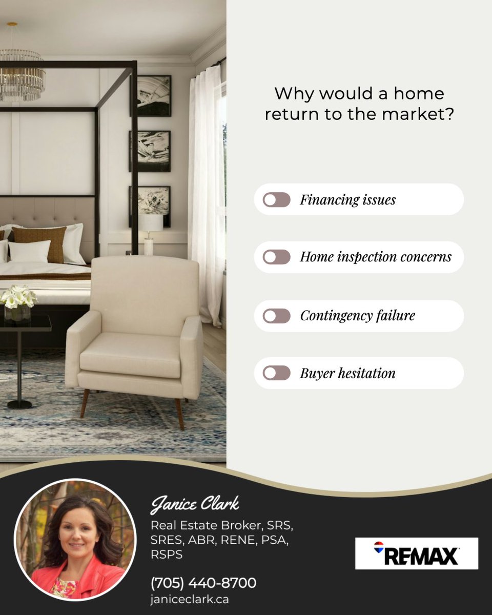 I_do_RealEstate's tweet photo. Wondering why a home might return to the market? Here are common reasons:

- Financing Issues
- Home Inspection Concerns
- Contingency Failure
- Buyer Hesitation

Stay informed about these factors to navigate the real estate process effectively!

#RealEstate #SimcoeCounty https://t.co/NgakW8UEiN