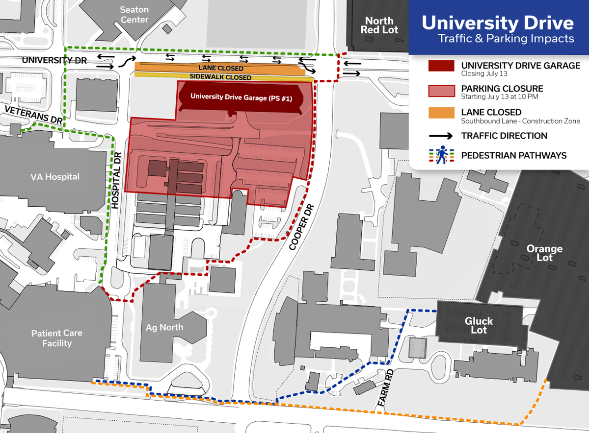 UKParking's tweet photo. 🚧 Starting July 13 at 10 p.m., University Drive Garage (PS #1), adjacent on-street parking on Veterans Drive, and portions of the Garrigus Lot and Ag Greenhouse area parking will permanently close. All vehicles must be moved before 10 p.m.
Employees: Please use alternate lots: Kroger Field Orange Lot, North Red Lot, or Gluck Lo and take advantage of Park & Stride via the indicated pedestrian pathways. See the graphic for walking routes.
More info: https://t.co/hGbDFfNqFX