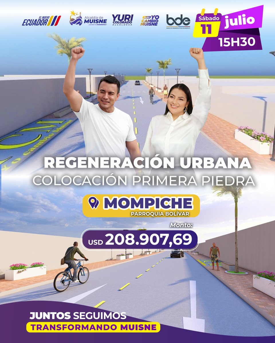 MuisneAlcaldia's tweet photo. Invitamos a la ciudadanía a la Colocación de la Primera Piedra para la regeneración urbana de ingreso al recinto #Mompiche - parroquia #Bolívar.
Gracias al Gobierno del presidente @DanielNoboaOk y a la gestión de nuestra alcaldesa @YuriColoradoEsm, seguimos transformando #Muisne.
📅 Sábado 11 de julio
⏰ 15H30
📍Recinto Mompiche