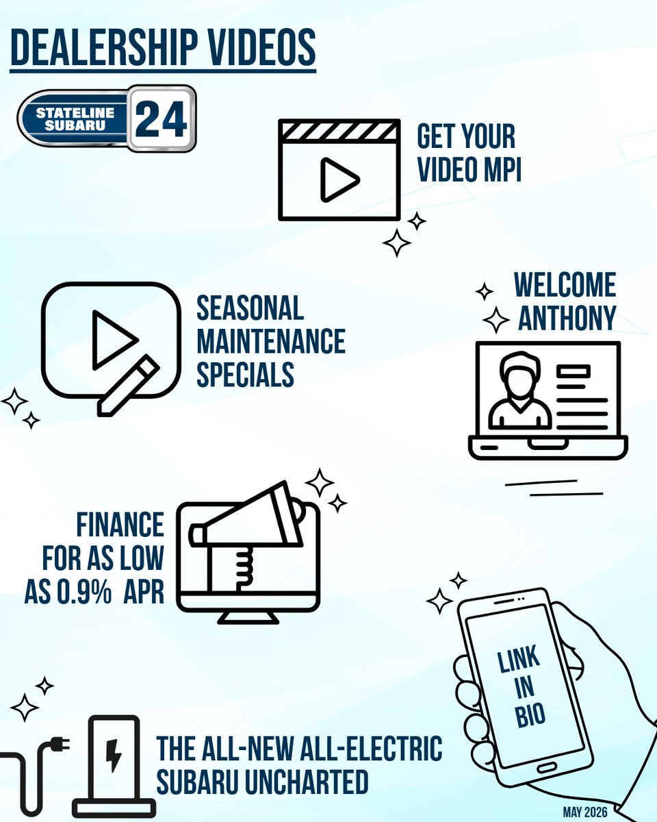 StatelineSubaru's tweet photo. From low APR financing to the all-new Subaru Uncharted and more! Explore Stateline Subaru's recent drop of dealership videos for it all: https://t.co/x81bqInbpx https://t.co/J2VDzytAj1