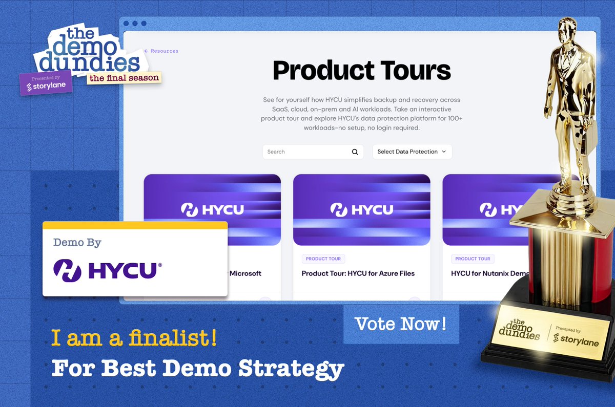 hycuinc's tweet photo. We're a finalist for @Storylaneio's Demo Dundies (Best Demo Strategy) 🏆

Vote for HYCU before voting closes July 15th 👇

https://t.co/4pO3zkZSUx 

#DemoDundies #SaaSProtection #AiResilience https://t.co/7zvUEHwY3Z