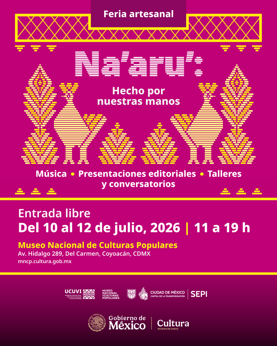 MNCP_DGCP's tweet photo. Asiste a la Feria Artesanal Na'aru' : Hecho por nuestras manos.

Del 10 al 12 de julio, el museo será sede de esta feria que reúne el trabajo de manos creadoras, con música, presentaciones editoriales, talleres y conversatorios. 

🎟️ Entrada libre https://t.co/sGCyZ18oDH