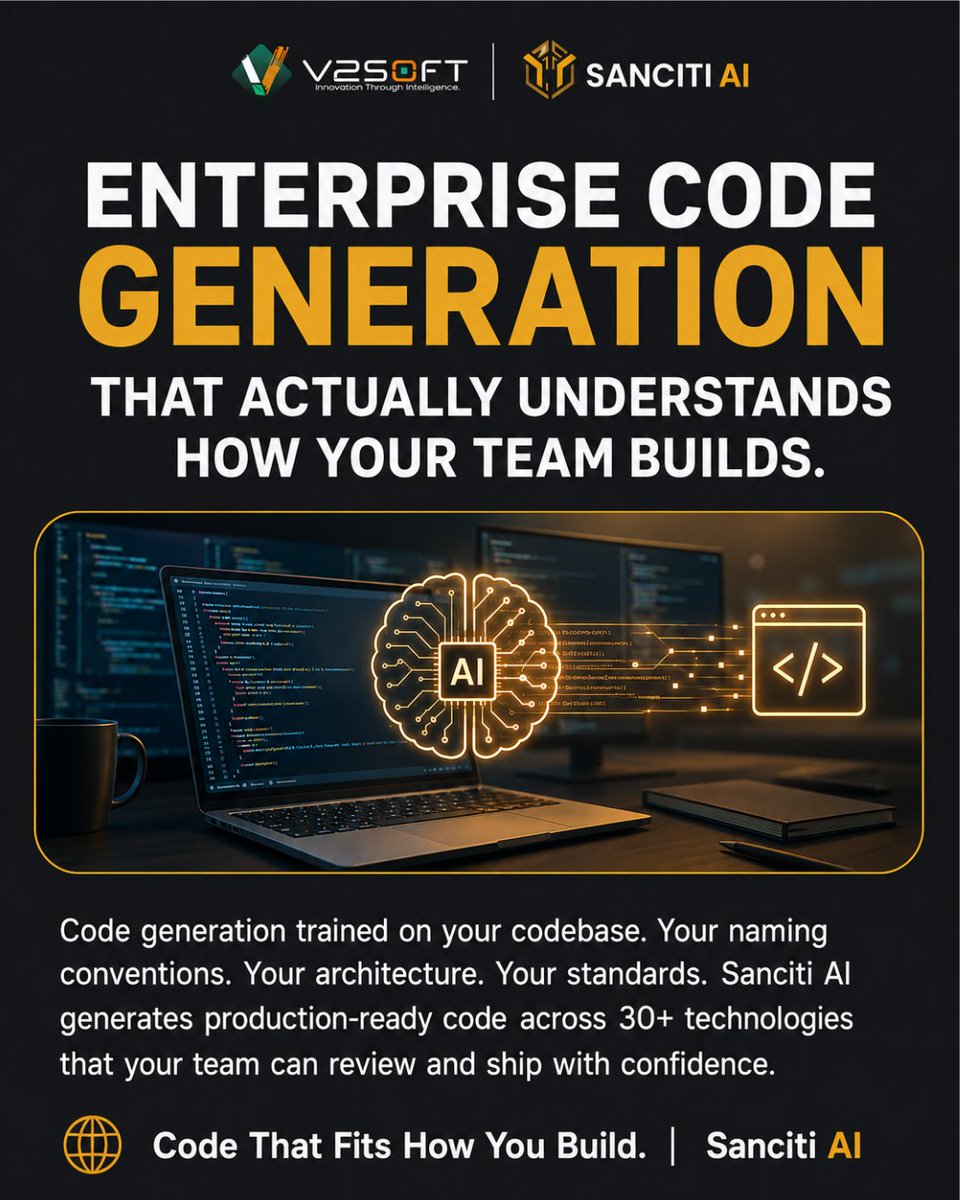 v2soft's tweet photo. Enterprise code generation goes beyond autocomplete. Sanciti AI generates clean, standards-compliant code from requirements https://t.co/fzRbGy3tlv

#AICodeGenerator #AICodeWriter #AICodingAssistant #AICodeAssistant #AISoftwareDevelopment #CodeGenAI #AutomatedSoftwareDevelopment https://t.co/oKsq0DPzU5