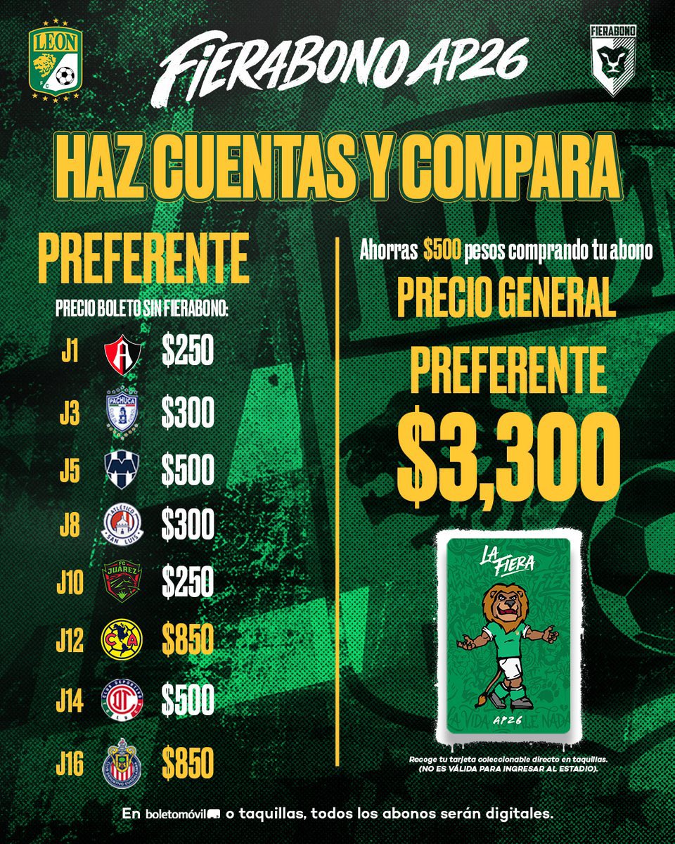 clubleonfc's tweet photo. ¡𝗙𝗜𝗘𝗥𝗔𝗕𝗢𝗡𝗢ⵑ 😉  es la mejor opción. Checa precios, compara y ahorra.

A la venta en las Taquillas del Estadio o a en línea a través de 
@boletomovil 📲 https://t.co/QDOe0RNVnG https://t.co/SVPYCt1BgF