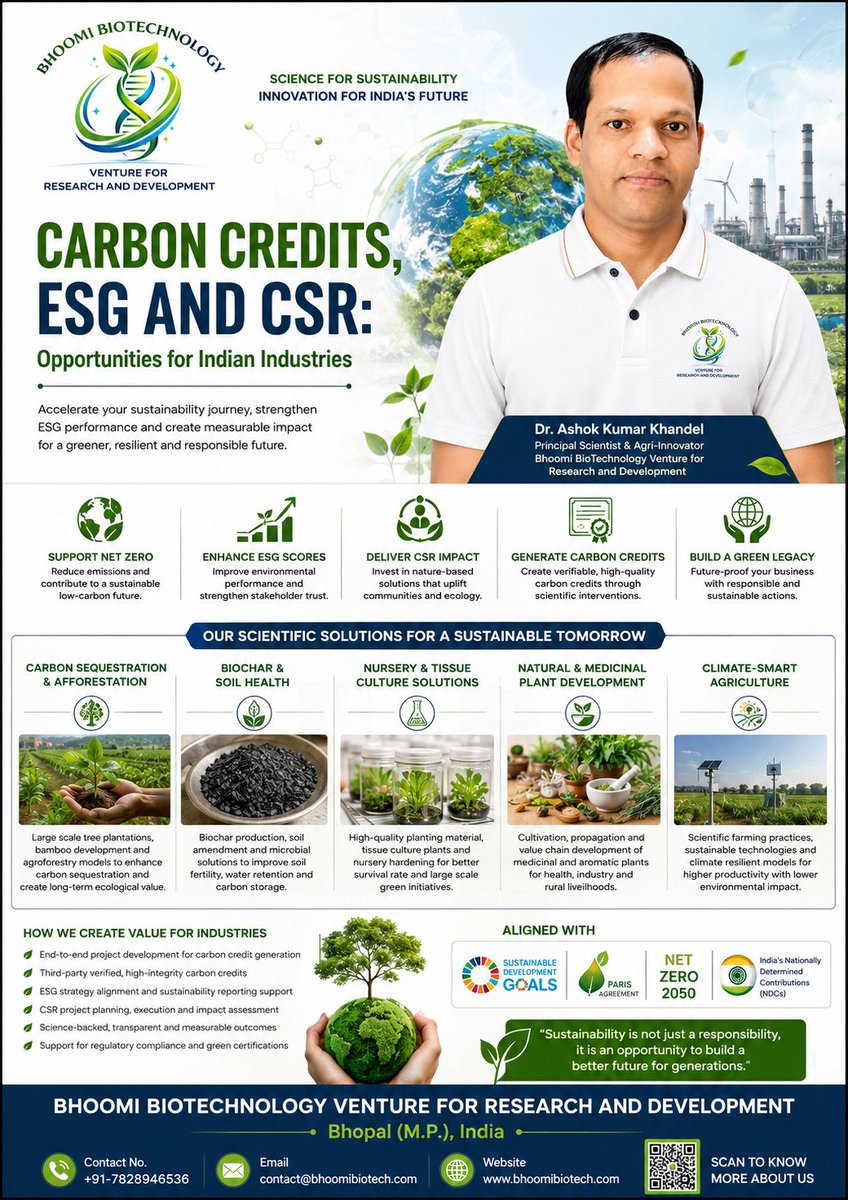 Dr_Khandel's tweet photo. Carbon credits, ESG and CSR can help Indian industries reduce emissions, strengthen communities and create measurable environmental value through biochar, afforestation and climate-smart agriculture.
#CarbonCredits #ESG #CSRIndia #MoEFCC #BEEIndia https://t.co/DGjg9bywLN