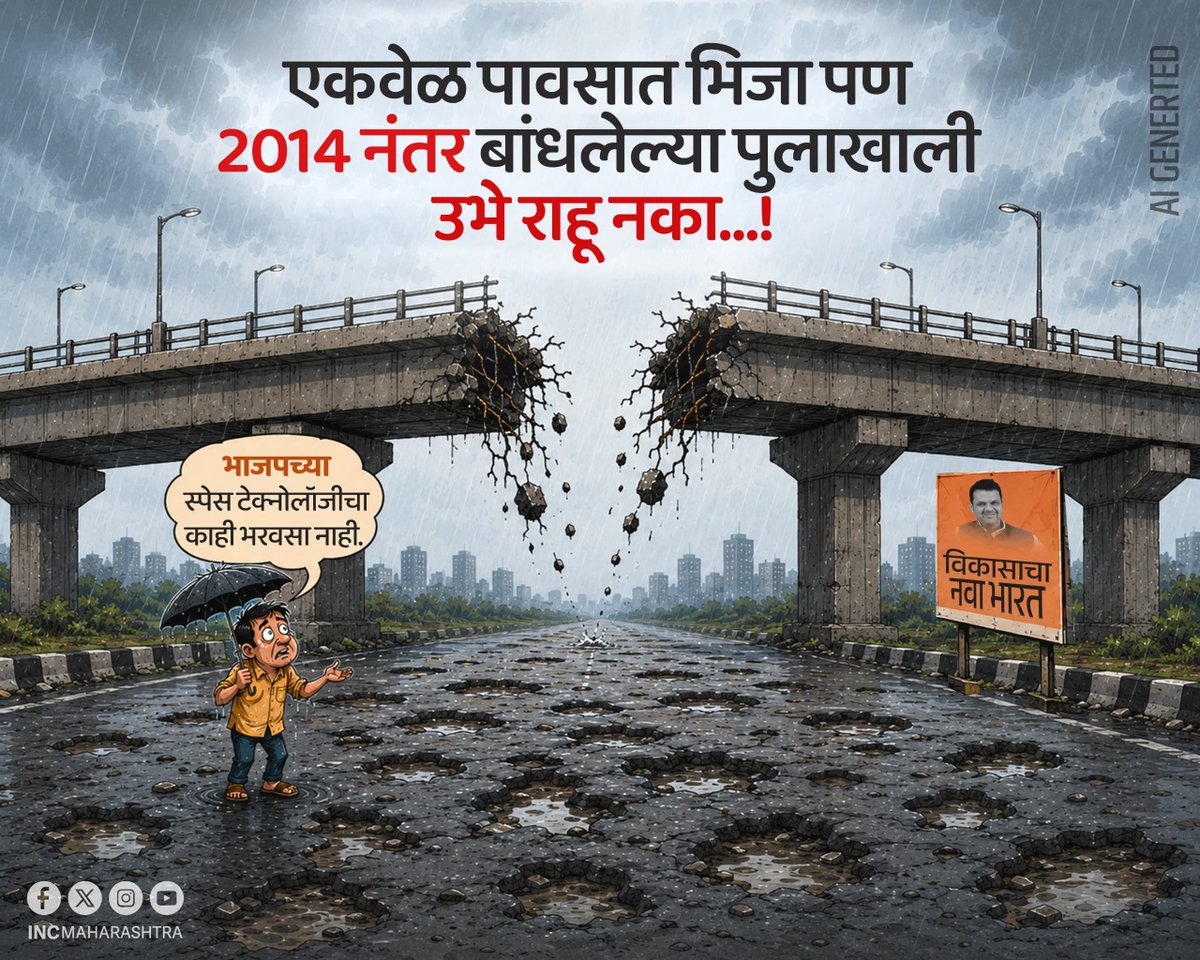 INCMaharashtra's tweet photo. एकवेळ पावसात भिजा, पण 2014 नंतर बांधलेल्या पुलाखाली उभे राहू नका.....!

भाजपच्या स्पेस टेक्नॉलॉजी चा काही भरोसा नाय. https://t.co/gvPFu0Tzjh