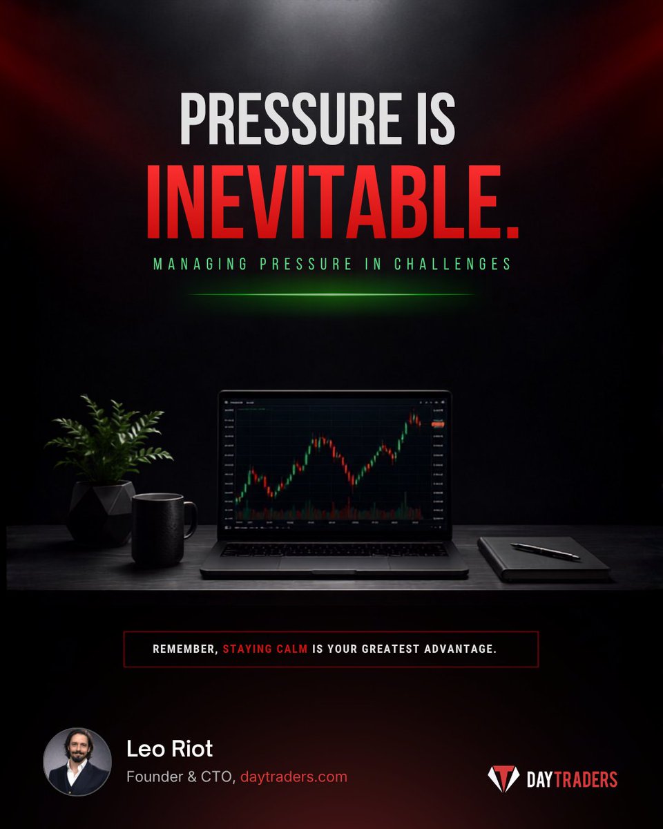 leoriot's tweet photo. Feeling the pressure of a prop firm challenge? 

Here’s how to stay calm and focused.

Prop firm challenges can be stressful, but pressure doesn’t have to break you.

Here’s how to manage it:
1. Focus on the process: Don’t obsess over the profit target, focus on executing your plan.
2. Take breaks: Step away from the screen to reset your mind.
3. Limit your risk: Smaller positions reduce emotional pressure.

Remember, staying calm is your greatest advantage.

#PropFirmChallenges #FundedTrader #TradingPressure #FuturesTrading #TraderDiscipline #DT #Daytraders #leoriot