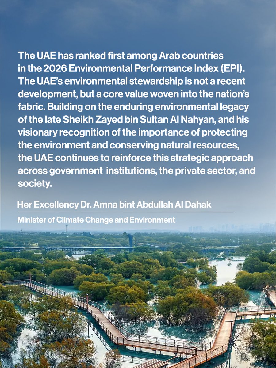 amnaaaldahak's tweet photo. The UAE has made significant progress in the 2026 EPI, highlighting the effectiveness of national policies, integrated government efforts, public-private collaboration and investment in innovation and advanced technologies. https://t.co/2KXrqKpt2J
