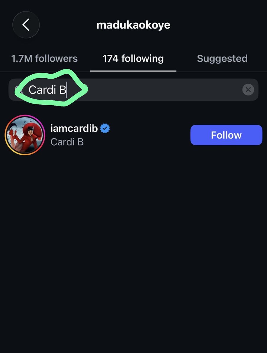 OkonNameti's tweet photo. Cardi B and Maduka Okoye are officially following each other on Instagram now. Something is definitely cooking. 👀🍿 https://t.co/iJpOtH0LA0