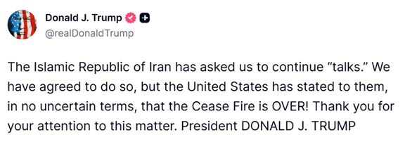 TrumpDailyPosts's tweet photo. 🚨President Trump just posted a major update on Iran after his decision to bomb Iran over them attacking ships again.

The mullahs asked for more talks, and Trump agreed, but he made one thing crystal clear: the ceasefire is OVER.

The message to the world is loud and clear: Trump is  not going to continue to play these regime games anymore.

Trump is standing strong! 🇺🇸
──────────────────────────────
Trump post:

"The Islamic Republic of Iran has asked us to continue “talks.” We have agreed to do so, but the United States has stated to them, in no uncertain terms, that the Cease Fire is OVER! Thank you for your attention to this matter. President DONALD J. TRUMP"