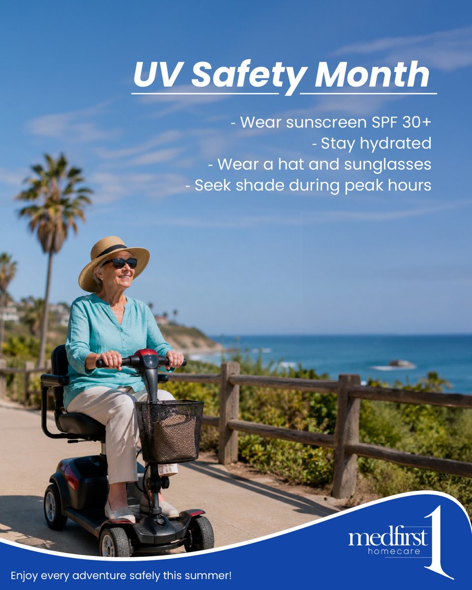 Med1stHomeCare's tweet photo. July is UV Safety Month! Enjoy the sunshine while protecting your skin and staying safe outdoors. 

https://t.co/ImBboqBFtq
410 Market St, Elmwood Park, NJ 07407

#UVSafetyMonth #SunSafety #HealthyAging #MobilityMatters #MedFirstHomecare #ScooterLife  #ElmwoodParkNJ https://t.co/IOxfyhgRUI