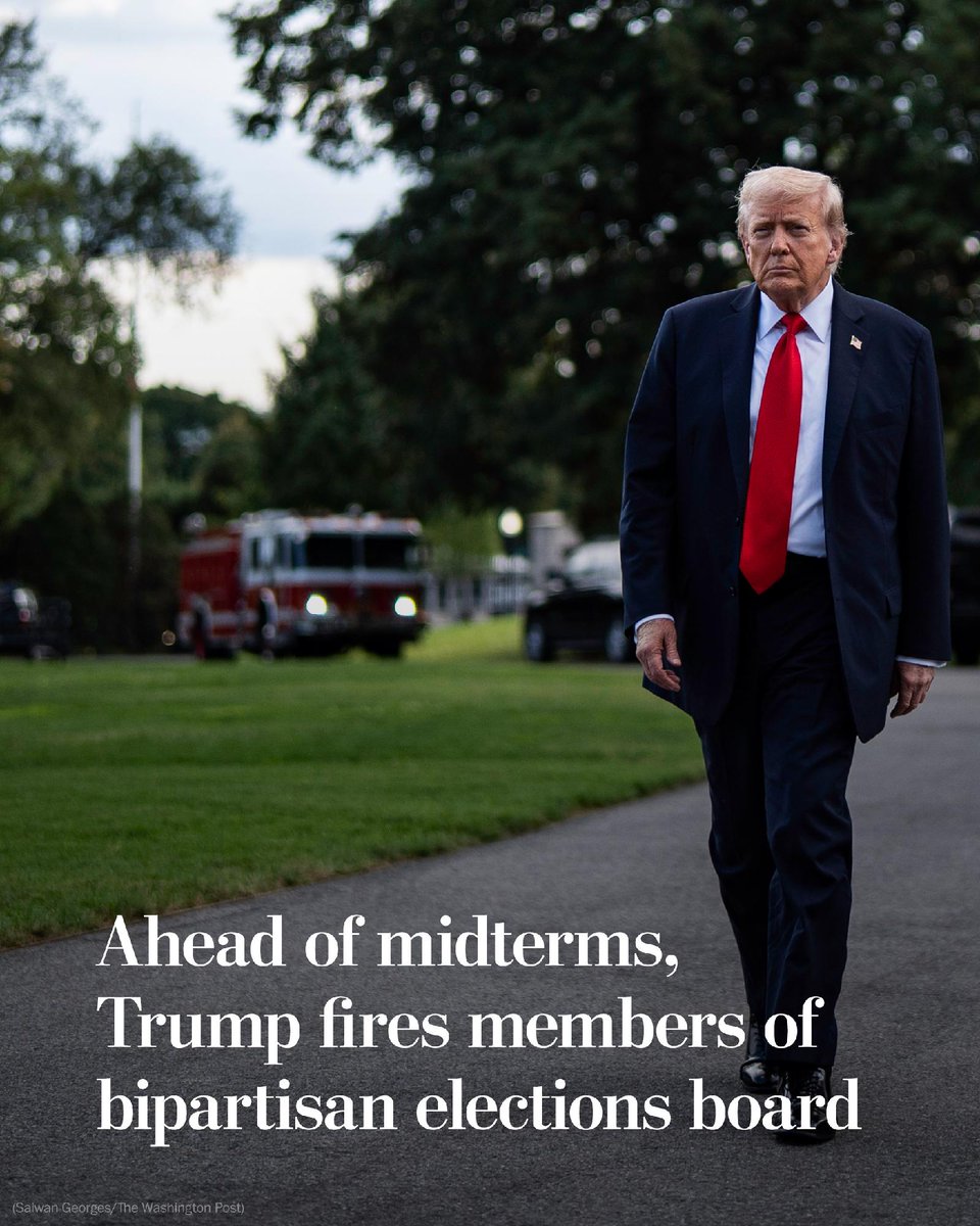 washingtonpost's tweet photo. President Trump fired members of the bipartisan Elections Assistance Commission less than two weeks after the Supreme Court gave him broad leeway to reshape boards that were designed to be independent. 

Read more: https://t.co/s0jXmRhDnb https://t.co/Ub1NpyUOqK