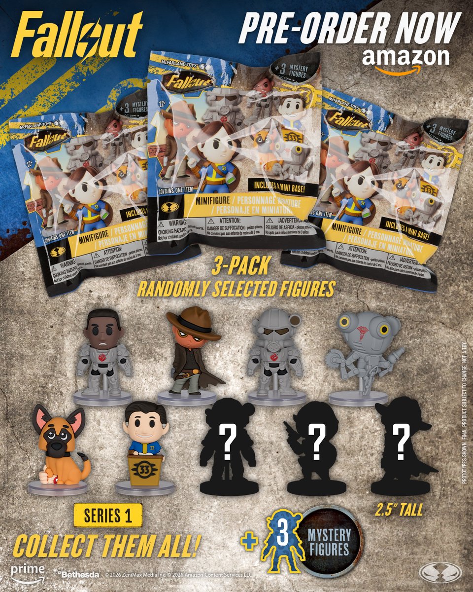 mcfarlanetoys's tweet photo. Fallout (Series 1) 3 pack is available for pre-order NOW exclusively at @Amazon! ➡️ https://t.co/ByzJztkb3C  

Each mini figure is approximately 2.5" tall and includes a display base. Series 1 features 7 different characters to collect PLUS 3 mystery figures. Collect all 10!  

#McFarlaneToys #Fallout #MiniFigure #Blindbags