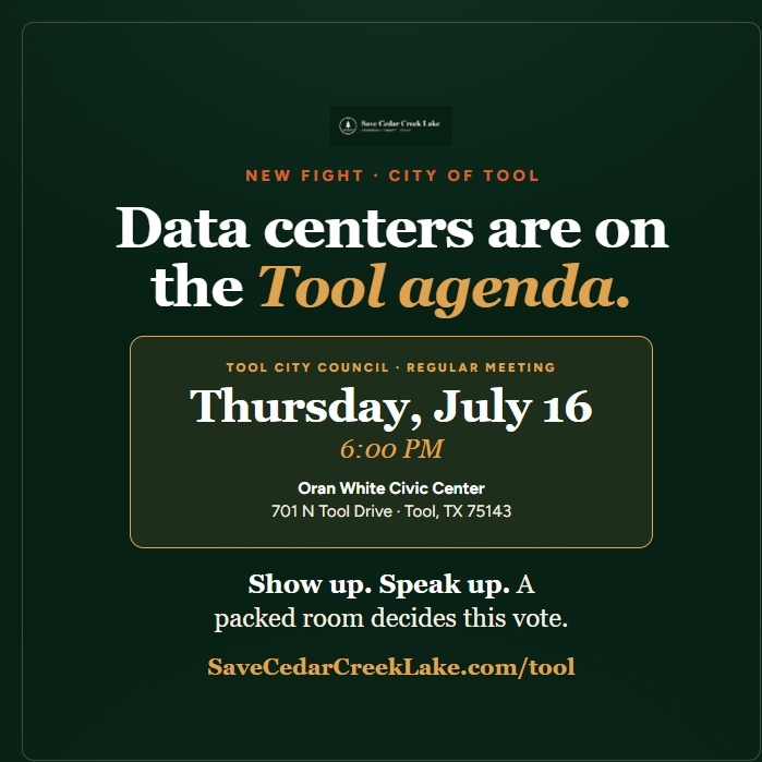 SaveCedarCreek's tweet photo. The Data Center Fight Just Came to Tool.
The details===> https://t.co/qT5e83dJSL

Thursday, July 16 · 6:00 PM · Oran White Civic Center. The Tool City Council votes on whether to allow data centers in town and a packed room is how we win.

Show up. Sign up to speak. https://t.co/Tf3hcIMP8W
