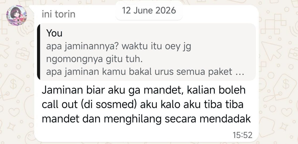 uchuujinsamaa's tweet photo. ⚠️ SPILL ADMIN GO YANG HNR ⚠️

Thread ini dibuat untuk mendokumentasikan kronologi transaksi teman saya dengan admin Torin. Hingga sampai hari ini yang bersangkutan belum juga membalas/memberi tanggapan terkait barang yang di order.

#WarungEnstar #WarungProseka #WarungUmamusume https://t.co/SXhO6JQafM