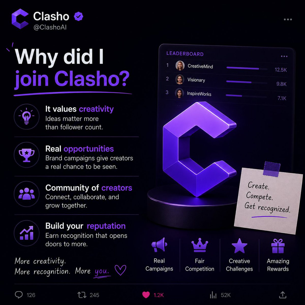 NeverTamerg's tweet photo. I joined @ClashoAI because it gives smaller creators a chance to compete with ideas instead of follower count The campaign + leaderboard system makes every post feel like it actually matters
and that's something I don't see on most platforms https://t.co/elOw5wAQMC