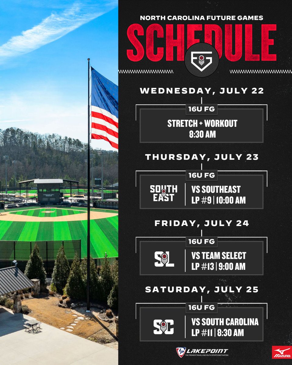 PrepBaseballNC's tweet photo. 🗓️ FUTURE GAMES SCHEDULE

Matchups are set for #TeamNC at the 2026 Prep Baseball Future Games. We're only ✌️ weeks away from the baseball event of the year 😎 

📝 Stay tuned with website info, emails, and social media posts for continued coverage of our schedules, rosters, and lineups

#PBFG26 @prepbaseball