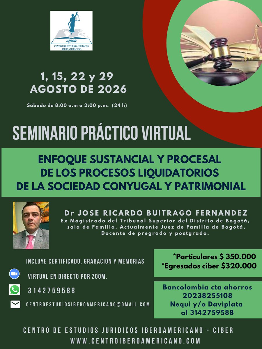 centroiberoamer's tweet photo. SEMINARIO VIRTUAL
PROCESOS LIQUIDATORIOS DE LA SOCIEDAD CONYUGAL Y PATRIMONIAL.                                       Informes e inscripciones:  WhatsApp: 314 275 9588
🌐 https://t.co/qWfbFsR4dW https://t.co/10mHnnwGVW