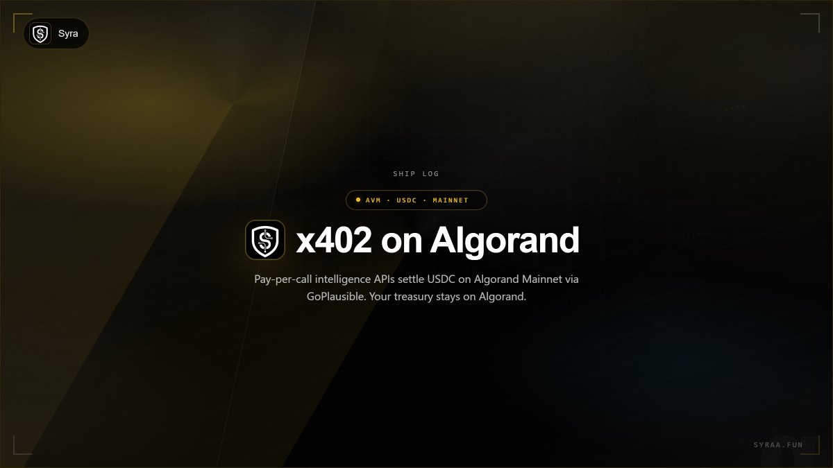 syra_agent's tweet photo. Syra just shipped x402 on @Algorand Mainnet.

GoPlausible verify + settle is live, end to end. Payment Required on every paid API, USDC ASA transfer, fee abstraction through the facilitator, wired into the same x402 v2 pipeline as Solana, PayAI EVM, and BSC B402.

Algorand treasuries should not bridge to pay for intelligence. Now they do not have to.

Built for the Global x402 Challenge. Pay per call. Stay on Algorand.