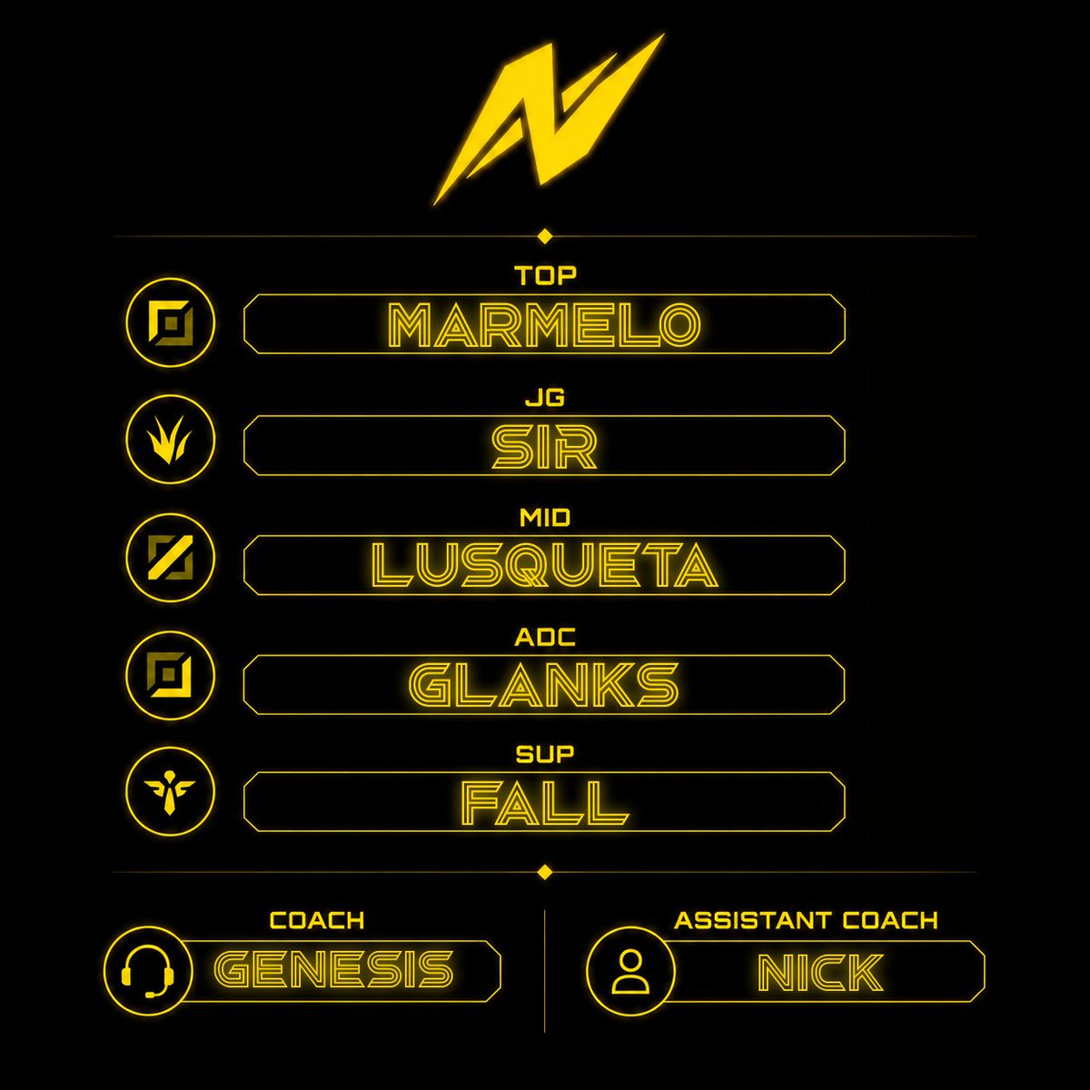 PlayNeon's tweet photo. ⚡️ NOVA LINE-UP NEON ⚡️
Apresentamos oficialmente nossa nova formação.
TOP: Marmelo
JG: Sir @YuriLoL110
MID: Lusqueta @lusquetalol
ADC: Glanks @Glanks2
SUP: Fall @HeitoorSouza
Coach: Genesis @kinguilhxrm
Assistant Coach: Nick @Darcyness666
#GoNeon https://t.co/lhAU1NkgYG