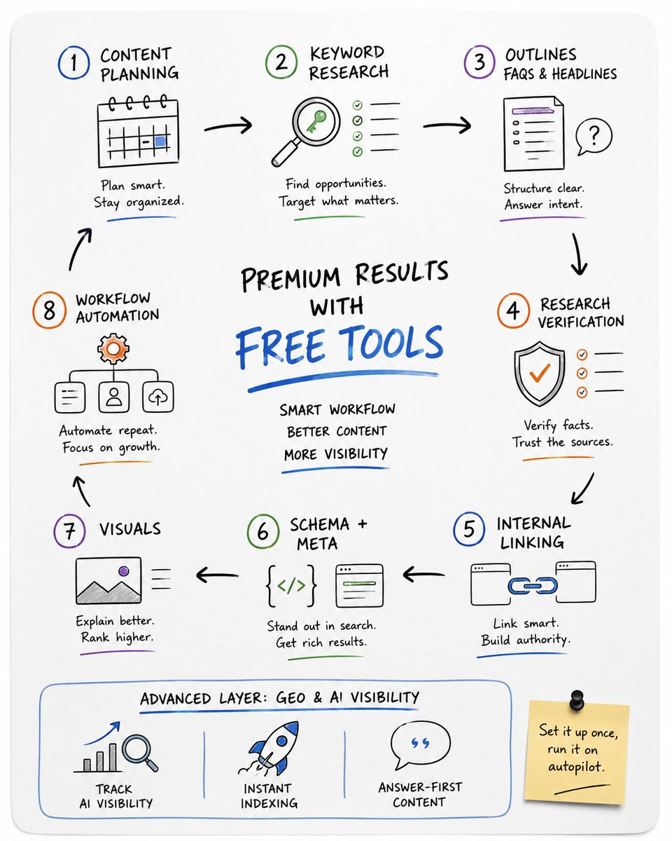 Awesome_O_AI's tweet photo. Premium SEO and content workflows can now be automated using mostly free tools. Full breakdown 👇

1) Content Planning

Step 1: Define your niche and target audience in one clear line. You’ll use this directly inside your prompt.

Step 2: Generate a plan in ChatGPT or Claude.
Prompt:
“Act as a professional SEO content strategist. Generate a 30-day content calendar for the [niche] industry, targeting [audience]. For each day include: topic title, primary keyword, search intent (informational/transactional/navigational), and estimated search volume tier (high/medium/low). Format as a table so I can paste it directly into Google Sheets.”
Step 3: Paste the output into Google Sheets and add a Status column (Draft / Published / Needs Update). This makes the whole process much easier to track.
Advanced tip: Don’t stop at a 30-day calendar. Build topic clusters. Under one pillar topic, create 8–10 related subtopics. This helps build topical authority, which improves visibility in both Google Search and AI search experiences.

2) Free Keyword Research

Step 1: Add and verify your site in Google Search Console at https://t.co/Ev4j4LSNhy.

Step 2: Go to the Performance report and open the Queries tab.

Step 3: Identify keywords with high impressions but low clicks. These are your biggest opportunities: people are seeing your pages, but not clicking.

Step 4: Paste those keywords into ChatGPT or Claude and ask why CTR might be low. Is the title weak? Is the search intent mismatched? Is the page not compelling enough?

Advanced tip: Once a month, export your Search Console data and let AI analyze trends. It can quickly show which topic clusters are growing and which ones are losing momentum.

3) Outlines, FAQs, and Headlines

Step 1: Run a separate prompt for each topic. Don’t batch everything together.

Prompt:
“Act as an SEO content editor. For the topic [Topic], generate: an SEO-optimized H1-H4 outline, 5 FAQ questions with short answers based on real search intent, and 3 catchy title options under 60 characters. Keep the structure ready to paste into a CMS.”

Step 2: Review the outline before sending it to a writer. Remove any sections that feel irrelevant or bloated.

Advanced tip: Add an “AI Overview Target” section to the outline — a 40–60 word paragraph that directly answers the core question. This is the kind of concise answer AI Overviews, ChatGPT, and similar tools are more likely to surface.

4) Research Verification

Step 1: Before publishing any fact or stat, ask the question in Perplexity.
Step 2: Open the sources it cites and verify the original report or dataset yourself. Never rely on Perplexity alone.

Step 3: Store verified facts in a separate Sources sheet so you can reuse them later.

5) Internal Linking

Step 1: Connect your site to a tool like Outranking or Link Whisper.

Step 2: These tools will map entities and topics, then suggest which pages should link to which.

Step 3: Review the suggestions manually. Not every recommendation will be relevant.

Advanced tip: Tools like Link Whisper have an annual cost (around $97/year, depending on site count), so if you’re running a smaller site, you can absolutely manage internal linking manually with a spreadsheet and a simple entity map.

6) Schema + Meta Descriptions

Step 1: Once the article is complete, copy the full blog post.

Prompt:
“Act as a technical SEO specialist. Generate valid JSON-LD FAQ schema and an SEO meta description (under 155 characters) for this blog post: [Paste blog content here]. Keep the tone matching the article and make sure the schema is Google Rich Results eligible.”

Step 2: Paste the generated schema into Google’s Rich Results Test tool to validate it and catch any errors.

Step 3: Add the meta description to your CMS.

7) Visuals

Step 1: Paste a section of your blog into Napkin AI — for example, a comparison table or process explanation.

Step 2: Generate an infographic, then add descriptive alt text. This can help you capture additional image search traffic as well.

8) Workflow Automation

Step 1: Sign up for AirOps’ free solo plan.

Step 2: Start with a simple pipeline, such as generating meta descriptions in bulk from a spreadsheet of URLs.
Step 3: Once that works, expand into more advanced workflows like keyword clustering or content gap analysis.

Step 4: Use Zapier or Make to connect the process end-to-end:
New idea → Auto content brief → Writer assignment → Auto upload

That said, I’d still keep the final publishing step manual.

The Most Advanced Layer: GEO + AI Visibility

In 2026, SEO is no longer just about ranking in Google. It’s also about whether your brand appears inside answers from ChatGPT, Perplexity, Claude, and Gemini. That’s where Generative Engine Optimization (GEO) comes in.

Step 1: Use tools like Indexly or Sight AI to track whether your brand is showing up in AI-generated answers across ChatGPT, Claude, Perplexity, and Gemini.

Step 2: As soon as a new page goes live, submit it through the IndexNow protocol so search engines are notified immediately. That helps pages get discovered and indexed faster instead of waiting for the next crawl cycle.

Step 3: Add at least one direct, quotable answer line in every article. AI models tend to favor clear, concise, citation-friendly answers.

I’m out of breath just writing this list 😅 but once you set up the system properly, the hard part is done. After that, it becomes a repeatable machine.

One important note: most of the advanced tools mentioned here  like Indexly, Sight AI, or higher-tier AirOps plans do come with monthly costs (usually somewhere between $99–$299/month). Their free tiers are enough for learning and basic workflows, but not for serious scale.

So if you’re running a small site or just getting started, begin with the free stack, learn the workflow, and only move to paid tools when scaling actually makes sense.

Save this post and share it , then follow the system step by step.