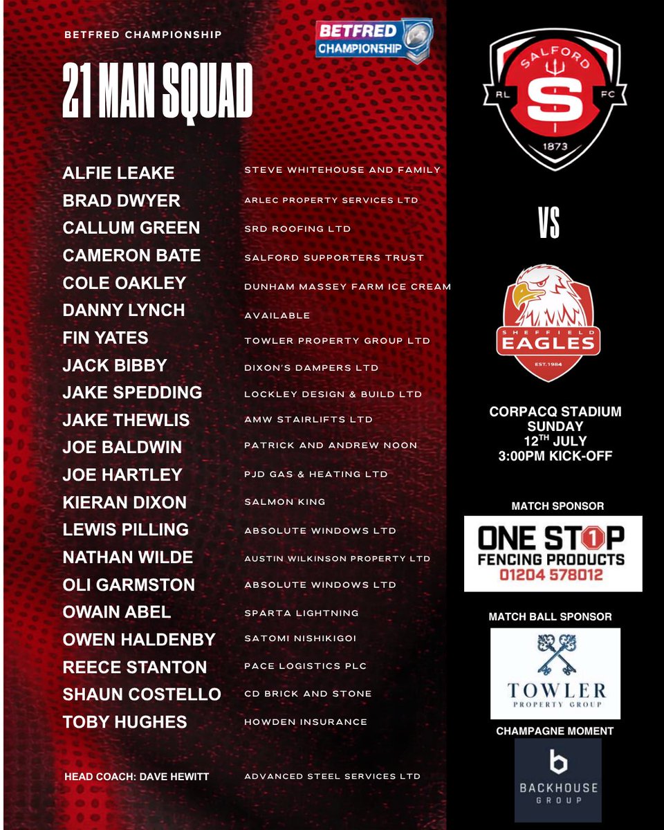 Salford_RLFC's tweet photo. 21 named ahead of Sunday. 

Red Summer Game 4 | vs Sheffield Eagles
📍 CorpAcq Stadium | ⏰ 3:00pm KO

🎟️ Tickets 👇
https://t.co/POZCNqW1KS

#RedSummer https://t.co/zVC5qa9awB