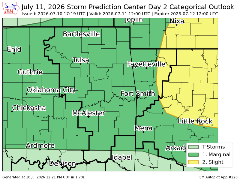 225Arkansas's tweet photo. #SPC issues Day 2 Slight Convective Risk at Jul 10, 17:19z for TSA https://t.co/xx3MMhevuF https://t.co/fRfpneUsR3