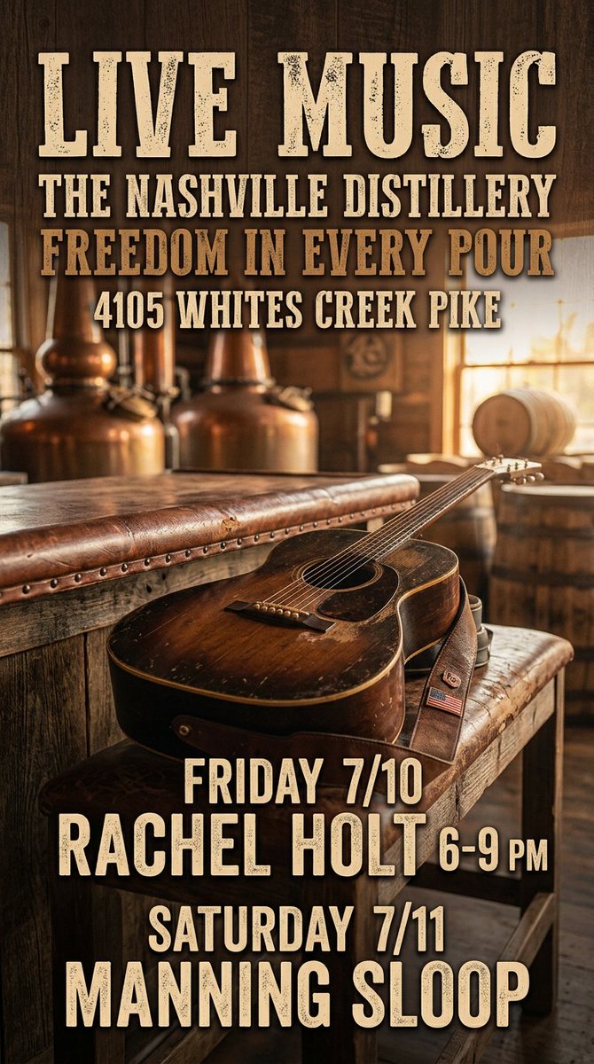 NashDistillery's tweet photo. Live music kicks off the weekend with Rachel Holt, amplified throughout the tasting room. Our weekend taco pop-up is onsite too, 5–8 PM (later if it's busy) — grab a plate and stay for the set.
#Nashville #livemusic #TheNashvilleDistillery https://t.co/Ae48VnT3w2