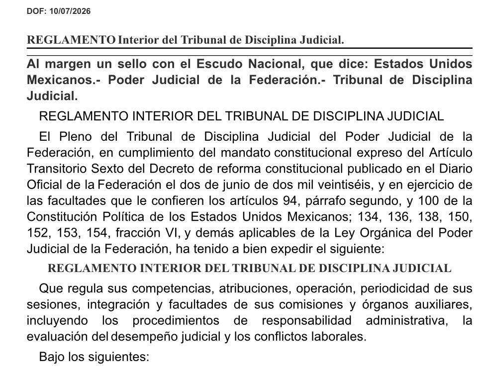 YM87B's tweet photo. Hoy el Tribunal de Disciplina Judicial publica en el DOF su reglamento interior. 

Recordemos que el TD ya tiene poco más de diez meses en funciones, ya era hora de tener un instrumento normativo donde se precisaran competencias, atribuciones, operación, sesiones, integración y facultades de sus comisiones y órganos auxiliares.

Saber qué onda con los procedimientos de responsabilidad administrativa, la evaluación del desempeño judicial y los conflictos laborales.

P.D. No lo he leído. Son 140 páginas. Probablemente el fin de semana tome mis notas.

Consulta aquí https://t.co/TBwRHUGVCy

Excelente y hermoso viernes 🫰🏻🐺