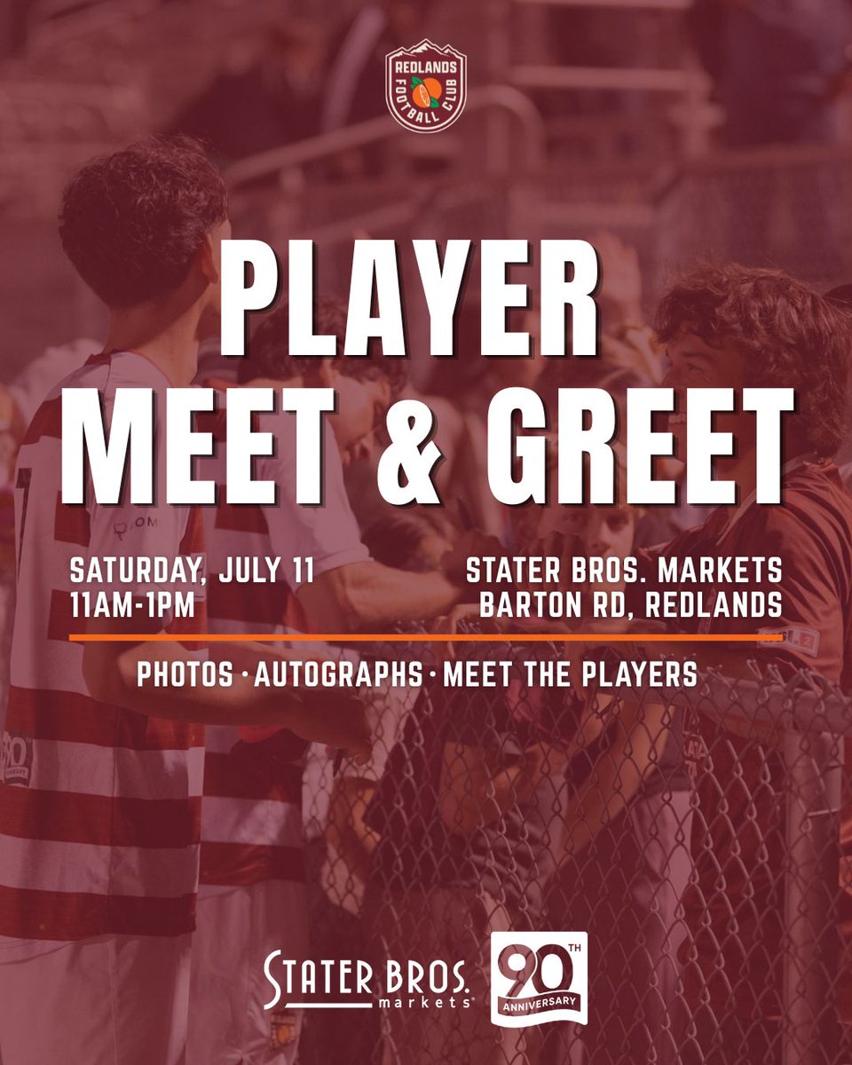 fc_redlands's tweet photo. MEET THE TEAM! โฝ๏ธ ๐
Stop by Stater Bros. on Barton Road this Saturday, July 11 and meet your favorite players before heading to our match that evening!
๐ Stater Bros. - 1536 Barton Rd
๐๏ธ Saturday, July 11
๐๏ธ 11AM-1PM
#redlands #staterbros https://t.co/Re069YFxDf