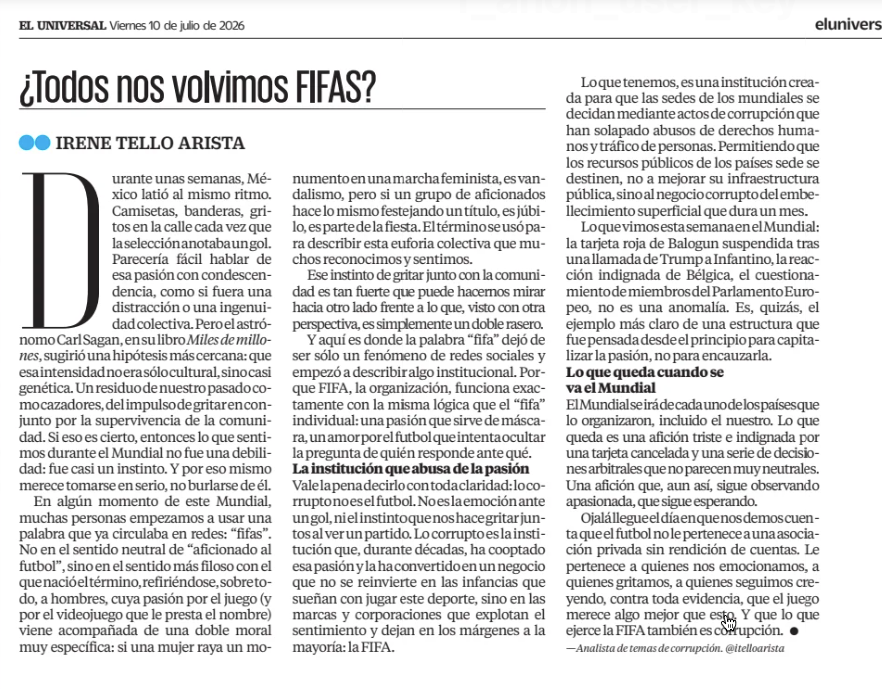 itelloarista's tweet photo. Una llamada de Trump a Infantino. Una tarjeta roja suspendida.

No es una anomalía. Es FIFA funcionando como fue diseñada: una asociación privada sin cuentas públicas, sin rendición de cuentas.

Escribo hoy en @ElUniversalMx sobre por qué eso es corrupción https://t.co/oEmDGT1ysZ https://t.co/nLMuzW5ZvE