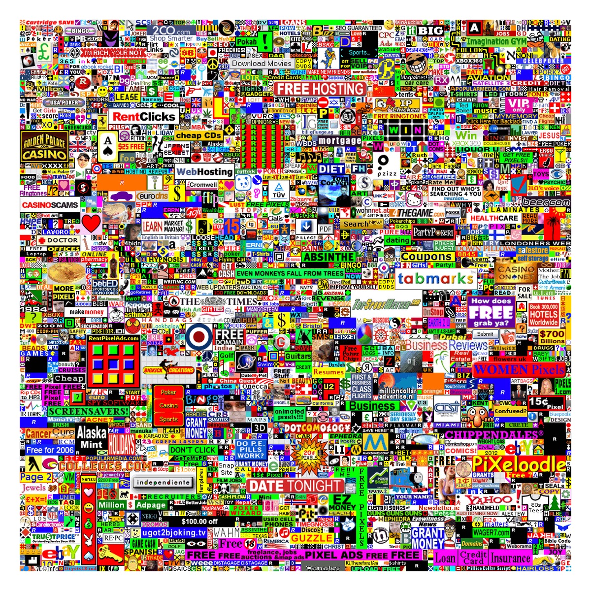 0uternet_'s tweet photo. 👾En 2005, Alex Tew, 21 ans, lance une page de 1 000 × 1 000 pixels pour financer ses études. Il a vendu un million de pixels, un dollar chacun. Les annonceurs achètent des blocs d’au moins 100 pixels, ajoutent une petite image et un lien.

Les 1 000 derniers pixels partent aux enchères pour 38 100 $. Total brut : 1 037 100 $.

https://t.co/1sQv6Z6eL5