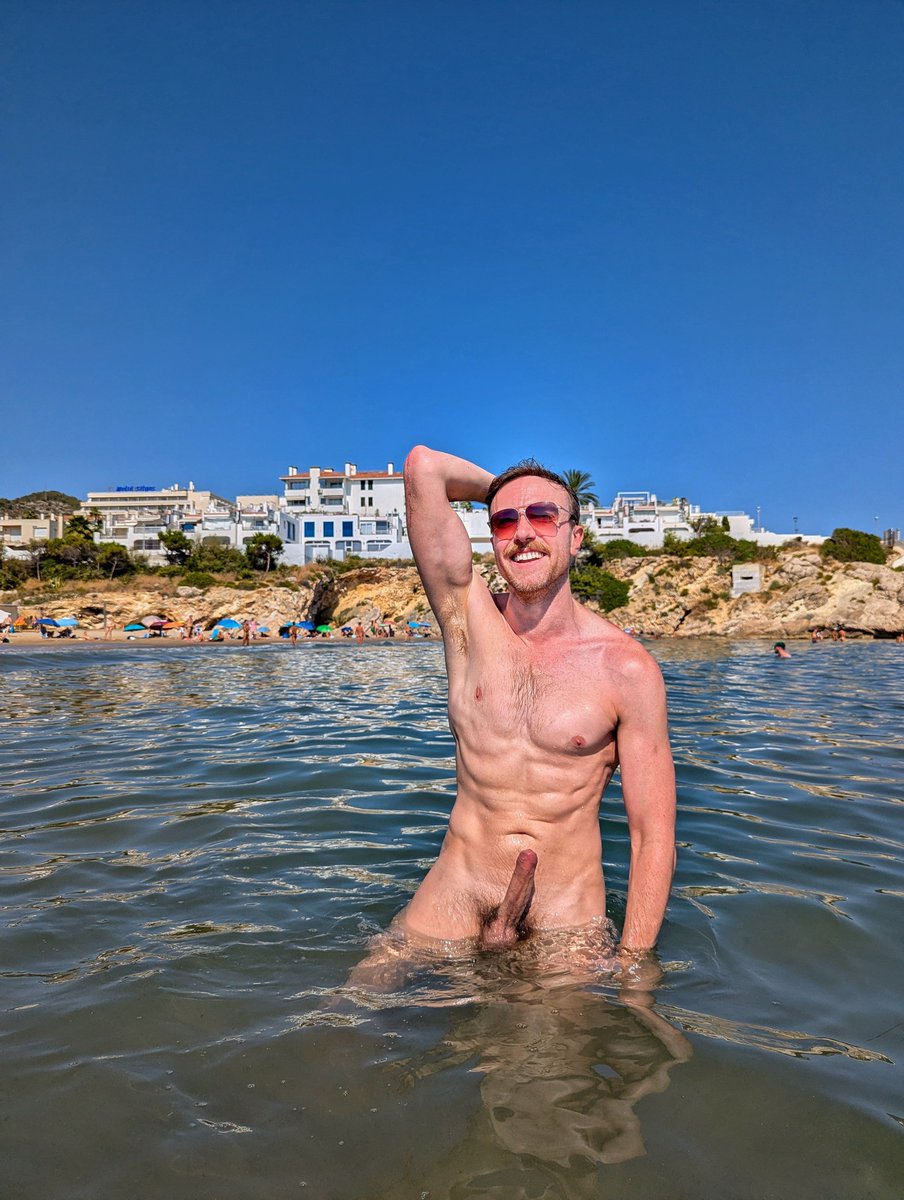 Axlemelbs's tweet photo. Went to a nude gay beach in Sitges yesterday with some friends. Got hard almost immediately after arriving. My friend suggested we walk down the beach. I tried to hide my erection, but the more people noticed the harder it got. Eventually I just embraced the embarrassment. https://t.co/e6CKl9A2ry
