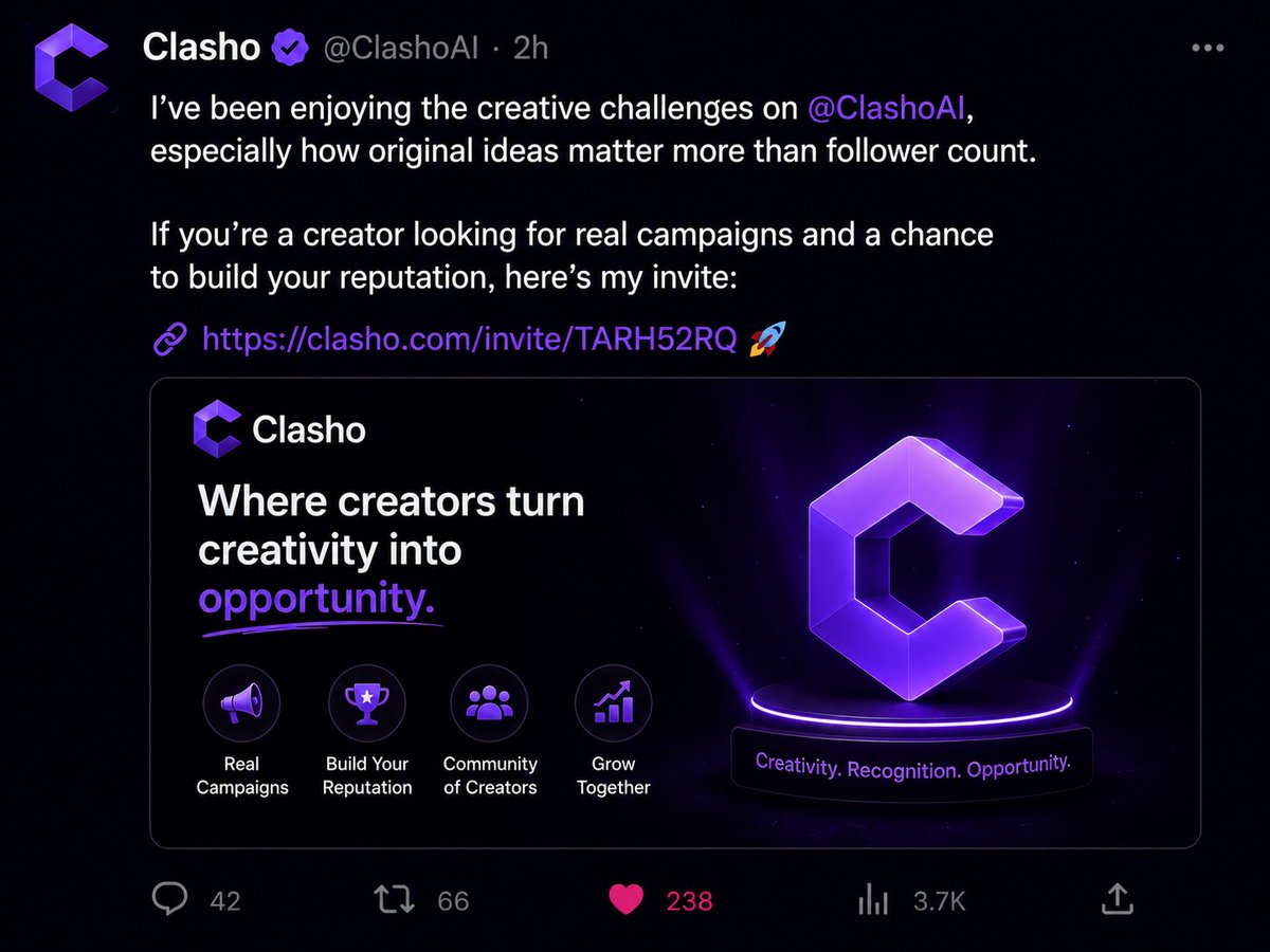 NeverTamerg's tweet photo. I don't usually share referral links
but @ClashoAI has been worth trying If you enjoy creating content and want to join real brand campaigns while building your reputation
you can join with my invite https://t.co/ZAlxKAz44y https://t.co/jMoBz11cPC