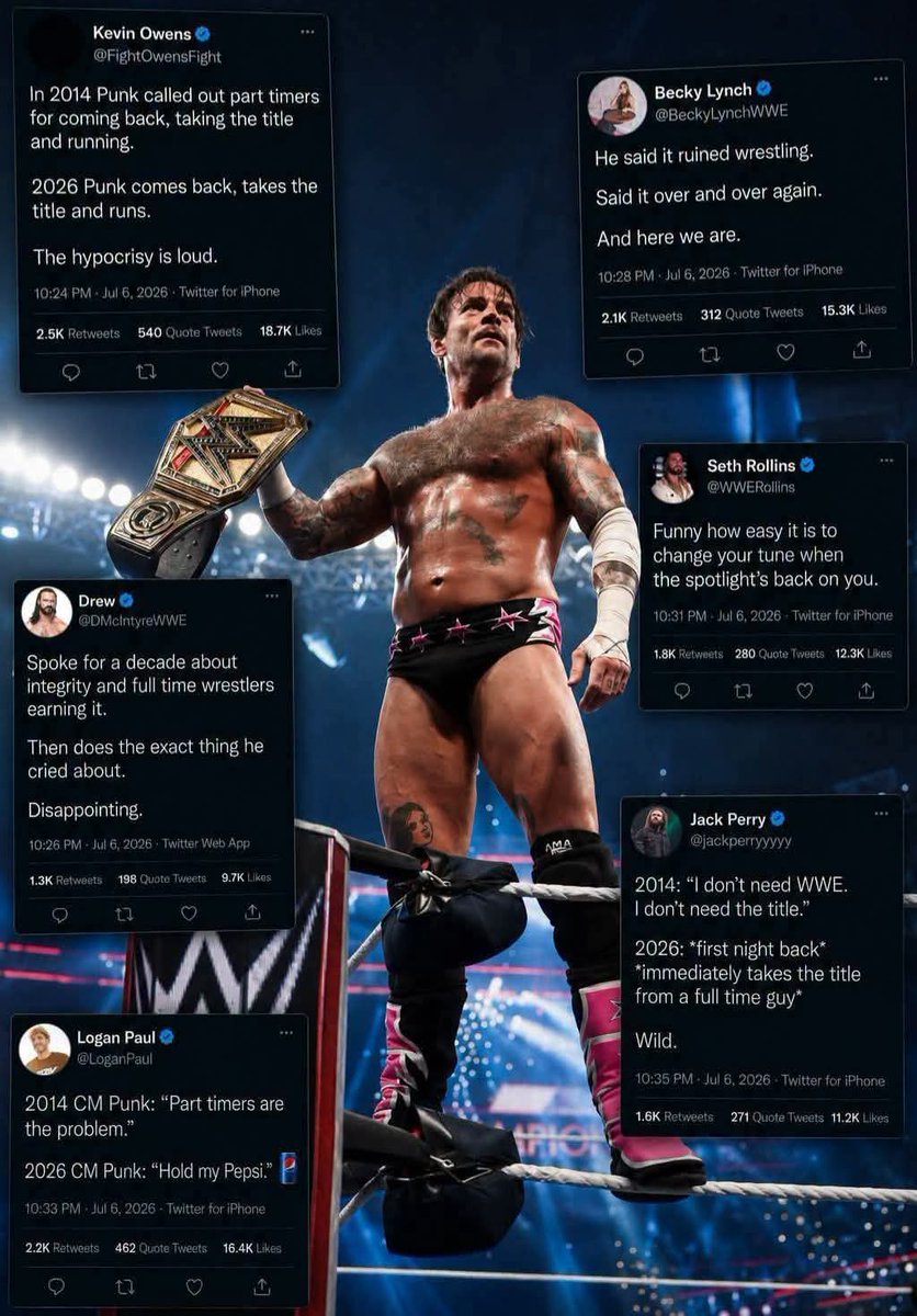 proyectopw's tweet photo. ARDEN LAS CRÍTICAS A CM PUNK POR SU CORONACION EN SU REGRESO 🔥🌧
Kevin Owens, Becky Lynch, Seth Rollins, Drew Mcintyre, Logan Paul, MJF &amp; Jack Perry critican la coronacion de CM Punk destronando a un recien coronado Sami Zayn
¿Crees que Punk es un hipocrita o es storyline?
#WWE https://t.co/SJ8UgrHBrQ