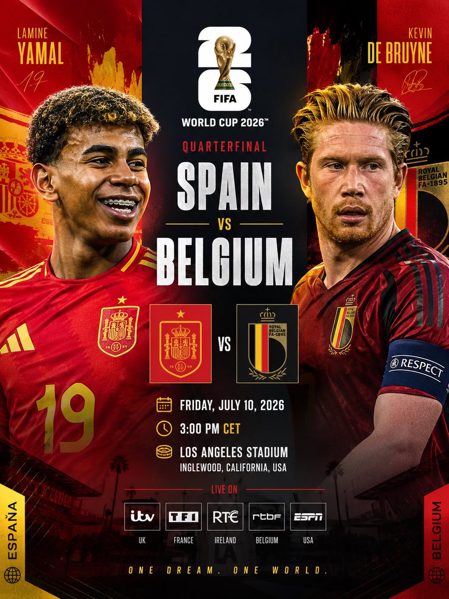 gamestatfc's tweet photo. World Cup 2026 🏆 
Spain 🇪🇸 vs Belgium 🇧🇪 
Who will face France in semi final? 
#fifaworldcup | #FootballContest https://t.co/FNrVKXxHuf