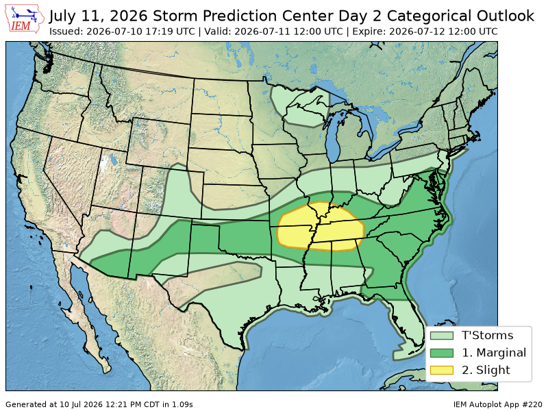 EmmanuelMwx's tweet photo. The Storm Prediction Center issues Day 2 Convective Outlook (Max Risk: Slight) at Jul 10, 17:19z https://t.co/Pgc6JqHNCW https://t.co/7DYe2TDtfC