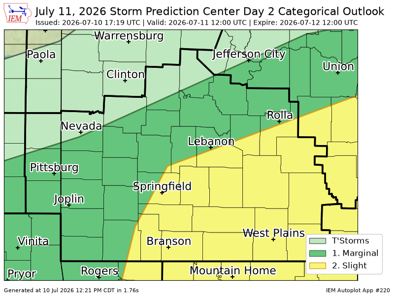 StormdarBot's tweet photo. #SPC issues Day 2 Slight Convective Risk at Jul 10, 17:19z for SGF https://t.co/eZKGDW52AB https://t.co/y1x7jAmynS