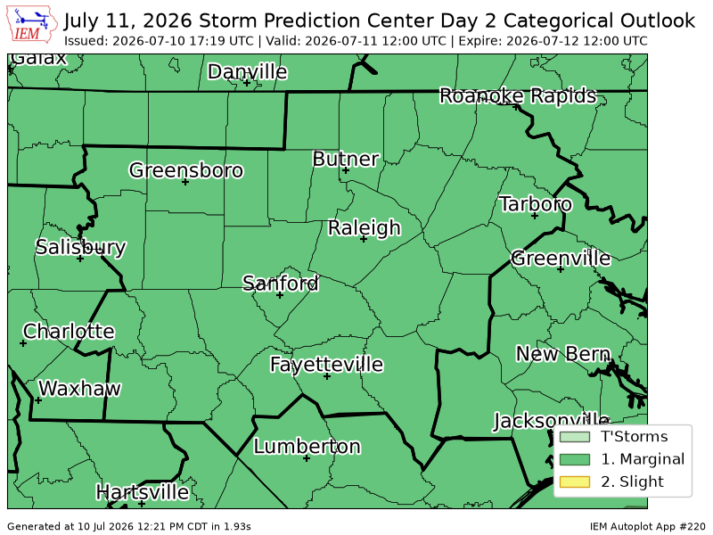 CentralNCWeathe's tweet photo. #SPC issues Day 2 Marginal Convective Risk at Jul 10, 17:19z for RAH https://t.co/Sjrz7l2Mvb https://t.co/U4zeWSXvLt