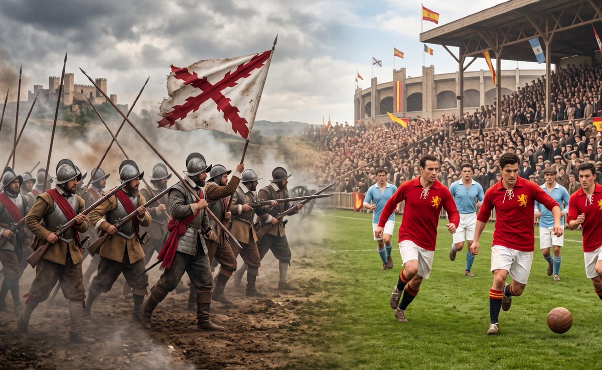 Dario_Madrid_F's tweet photo. Existe una gran vinculación de España con el color rojo. El rojo fue el color que distinguió a los soldados españoles en las batallas durante siglos, antes de que existieran los uniformes. Para distinguirse de franceses, ingleses u holandeses en el campo de batalla, llevaban una banda roja en el cuerpo o un brazalete de ese color en el brazo. Además, los ejércitos luchaban junto a banderas con la Cruz de Borgoña o de San Andrés. El rojo de la cruz representa la sangre del martirio del apóstol.

El rojo de la camiseta de la selección nacional de fútbol de España tiene su origen en 1920, en los Juegos Olímpicos de Amberes. El presidente del Comité Olímpico Español de la época, Gonzalo de Figueroa y Torres (conde de Romanones), y los directivos de la recién nacida Federación Española de Fútbol decidieron que la selección llevara una camiseta roja, un pantalón blanco (luego azul) y un león rampante amarillo en el pecho (el símbolo de los Países Bajos, en homenaje a la sede de los Juegos, Amberes, y al antiguo ducado de Brabante). Se buscaba un color de la bandera que fuera vistoso. El amarillo resultaba difícil de confeccionar y desteñía con facilidad en la época, por lo que el rojo fue la opción más lógica y económica.

Después de la Guerra Civil, el color de la camiseta de la selección nacional cambió al azul al entender que el rojo estaba asociado a la ideología del Frente Popular. Fue el héroe del Alcázar, el general Moscardó, siendo delegado nacional de Deportes, quien decretó la vuelta a la camiseta roja en 1947. Fue por aquella época cuando el periodista Matías Prats padre popularizó el término “La Furia Roja”, rescatando el viejo apodo que la prensa holandesa dio a los españoles en 1920 por su juego impetuoso: un nombre que, curiosamente, evocaba indirectamente el "Saqueo de Amberes" por los Tercios en 1576.