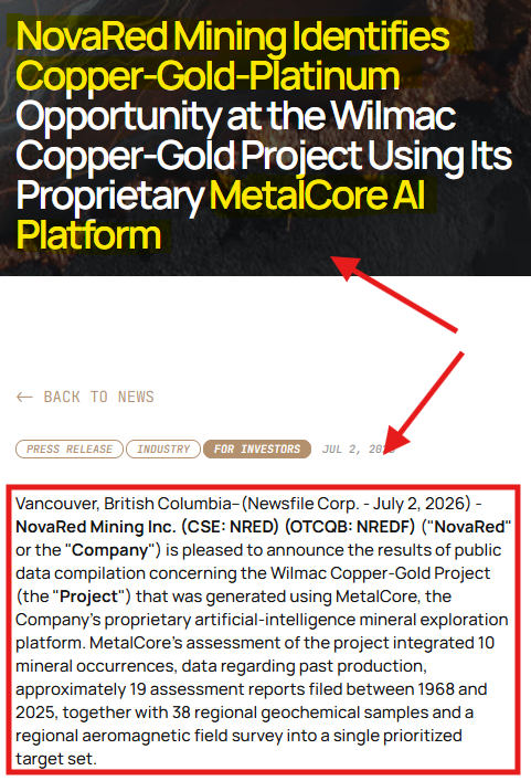 MdZaydul's tweet photo. Most people are watching the copper price. Iโm watching what is breaking underneath it.
Grasberg delayed its full restart from 2027 to 2028 after production guidance was cut by 35%.
Kamoa-Kakula is still recovering from flooding and dealing with sulfuric acid shortages. J.P. Morgan estimates those acid constraints affect around 15% of global copper production.
That is the messy reality behind a metal trading near record levels.
For me, this strengthens the $NRED thesis. Wilmac is early, but MetalCore gives NovaRed a way to work smarter before drilling by combining historical reports, geochem, mineral occurrences and geophysics into a cleaner target map.
Supply is getting disrupted in the real world. Better exploration cannot wait.
Not financial advice. Charts donโt wait for permission.