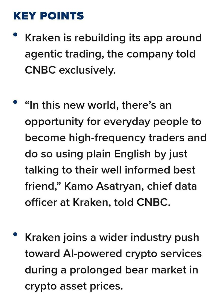GrowCrypto90's tweet photo. JUST IN: Kraken to launch AI agents that can trade crypto on users' behalf. https://t.co/9nHfolxyxH