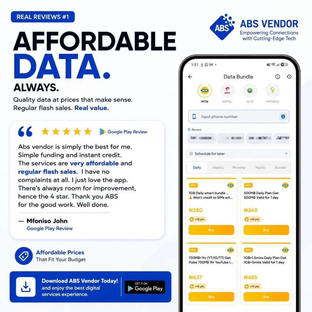 eludayo_1's tweet photo. I've seen a lot of VTU apps, but the reviews on ABS Vendor stand out.
If you need affordable data and fast wallet funding, it might be worth trying.
📲 https://t.co/y653EMLgGJ
🌐 https://t.co/WL4LpFLUzS
📣 https://t.co/S21W2k2kka https://t.co/QCktaPQgvN