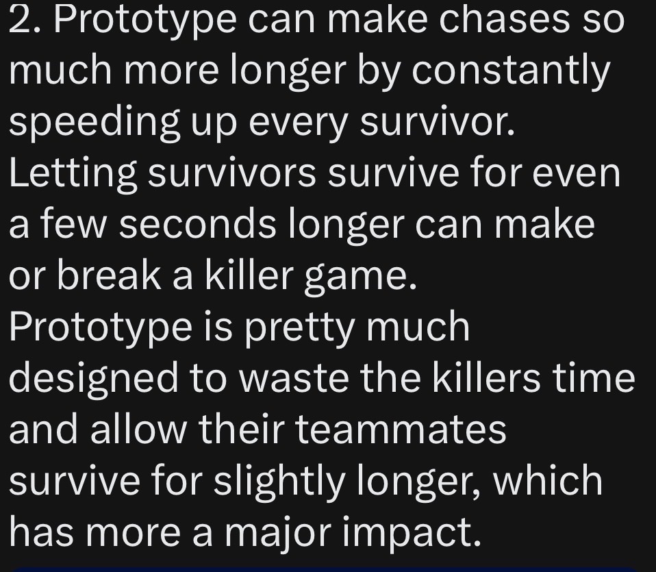 FLOWERBroque's tweet photo. @sodasuxlala Leaving a prototype unchecked means two things:

1. Survivors will take more hits to go down, protos heal is meant to be more of a bandaid fix rather than an actual heal (but if left alone for awhile, a proto can 100% heal someone nearly back to full
(Cont in image) https://t.co/FpJi2OAbDs