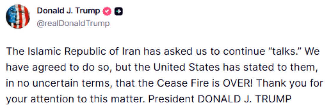 eyesopenameri__'s tweet photo. 🚨 PRESIDENT TRUMP TO IRAN: Ceasefire is OVER, Talks Continue But No More Games 

Trump dropping truth: Iran wants more talks, but the US made it crystal clear, the ceasefire is DONE.

No weakness. America First means strength and results. Iran knows the deal. https://t.co/i12mUaQAND
