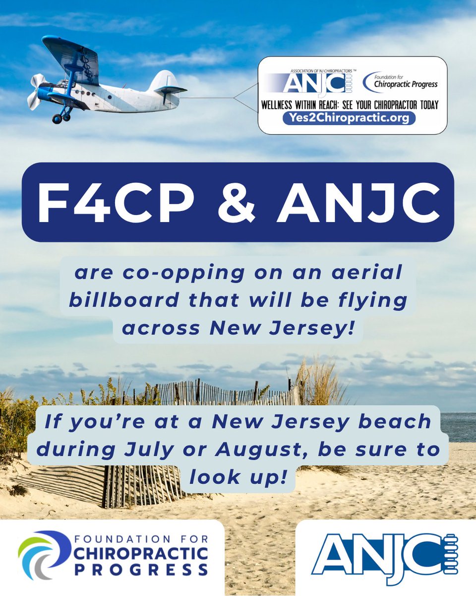 F4CP's tweet photo. ✈️ Keep an eye out for our newest aerial billboard that will be flying along the New Jersey beaches throughout July and August! Thanks to the Association of New Jersey Chiropractors for your partnership on this. 🏖️ https://t.co/nddkTuzlXx