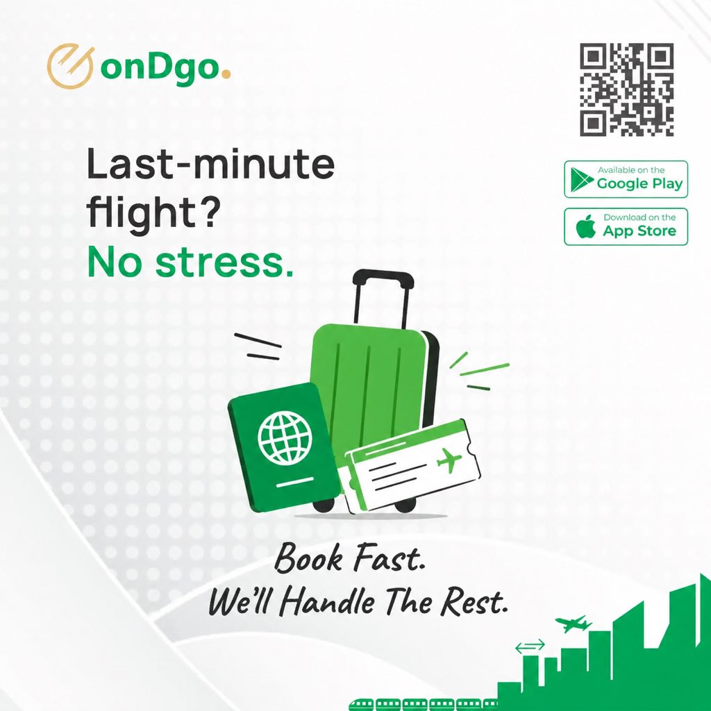ondgo_ng's tweet photo. Last-minute flight? No stress. 😎
onDgo’s real-time availability lets you check open seats across all major airlines in seconds — even for same-day travel.
Download the app and be airport-ready in minutes. 🛫📲
#onDgo #EnjoyConvenienceonDgo #LastMinuteFlight #FlyNigeria #BookNow https://t.co/IPeziGTPyO